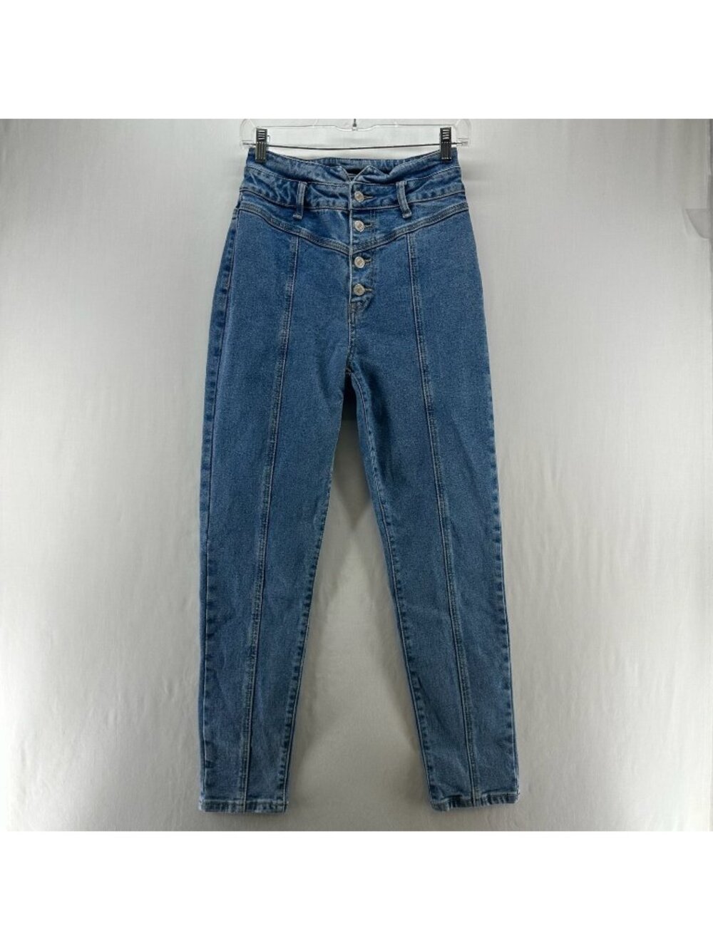 Forever 21 Jeans Size 27 Medium Wash Skinny High Rise Front Seam Button Fly Blue